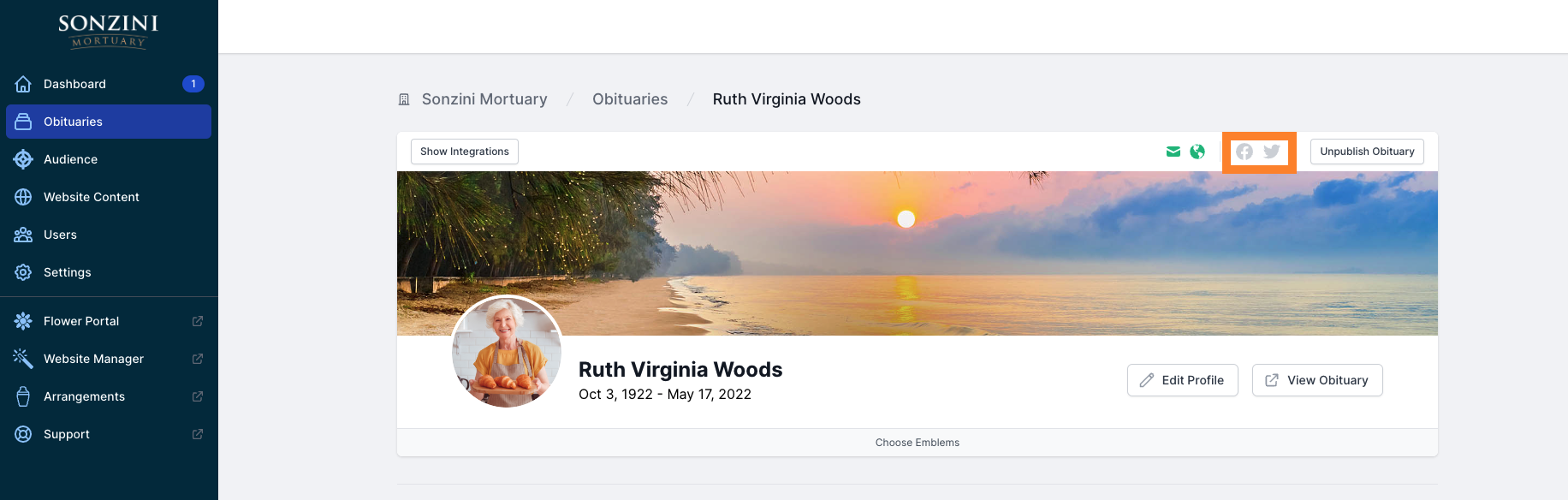 How can I share an obituary on Facebook or Twitter?